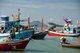 Thailand: Fishing boats at Ao Bang Nang Lom with Wat Thammikaram atop Khao Chong Krajok (Mirror Mountain) in the background, Prachuap Khiri Khan